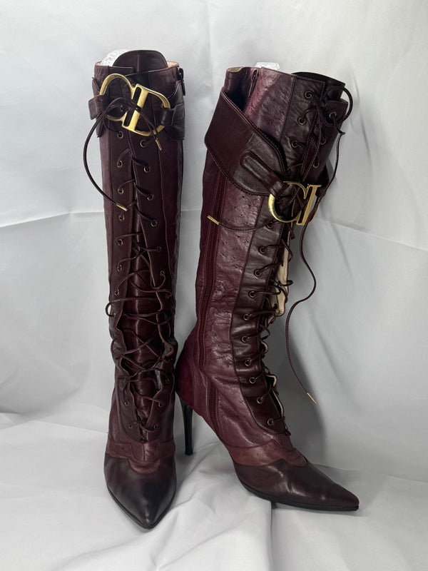 Vintage Dior FW00 Burgundy Ostrich Boots - EU 39.5